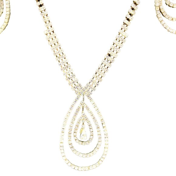 Rhinestone Bling Ripple Necklace Stud Dangle Earrings Set Oval Pendant Statement - Picture 2 of 10